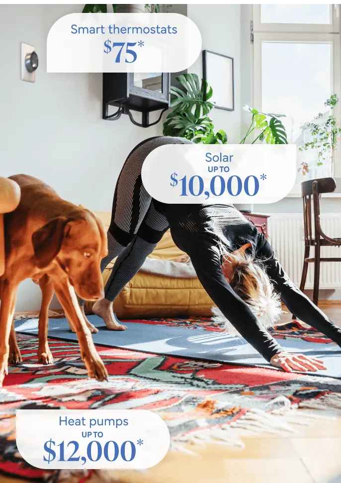 Woman does yoga with her dog in a brightly lit room. A smart thermostat is on the wall. Smart Thermostat: $75*. Solar: up to $10,000*. Heatpumps: $2,000 – $15,000