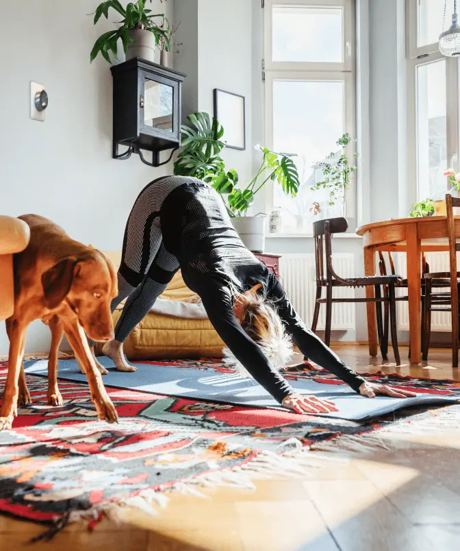 Woman does yoga with her dog in a brightly lit room. A smart thermostat is on the wall. Smart Thermostat: $75*. Solar: up to $10,000*. Heatpumps: $2,000 – $15,000